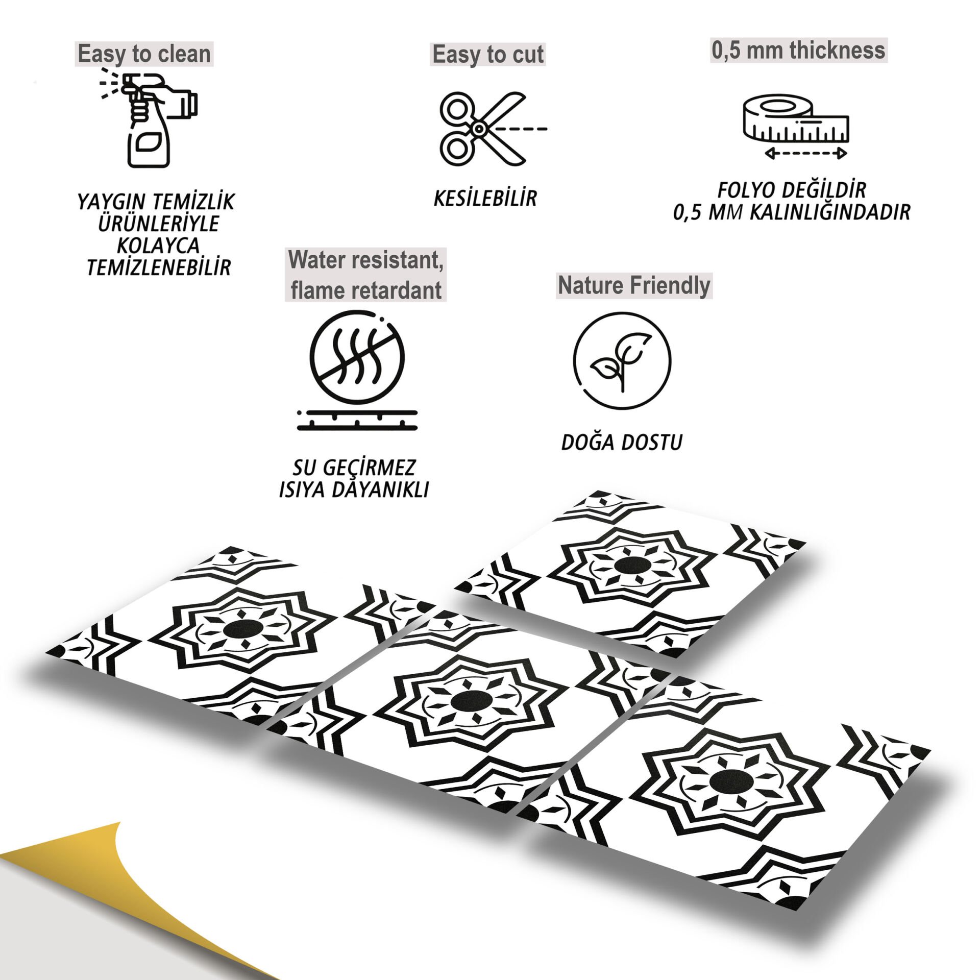 Tink Kendinden Yapışkanlı Fayans Kaplama Pvc Yer Döşemesi Siyah Selçuklu Yıldızı Desenli 30x30 cm