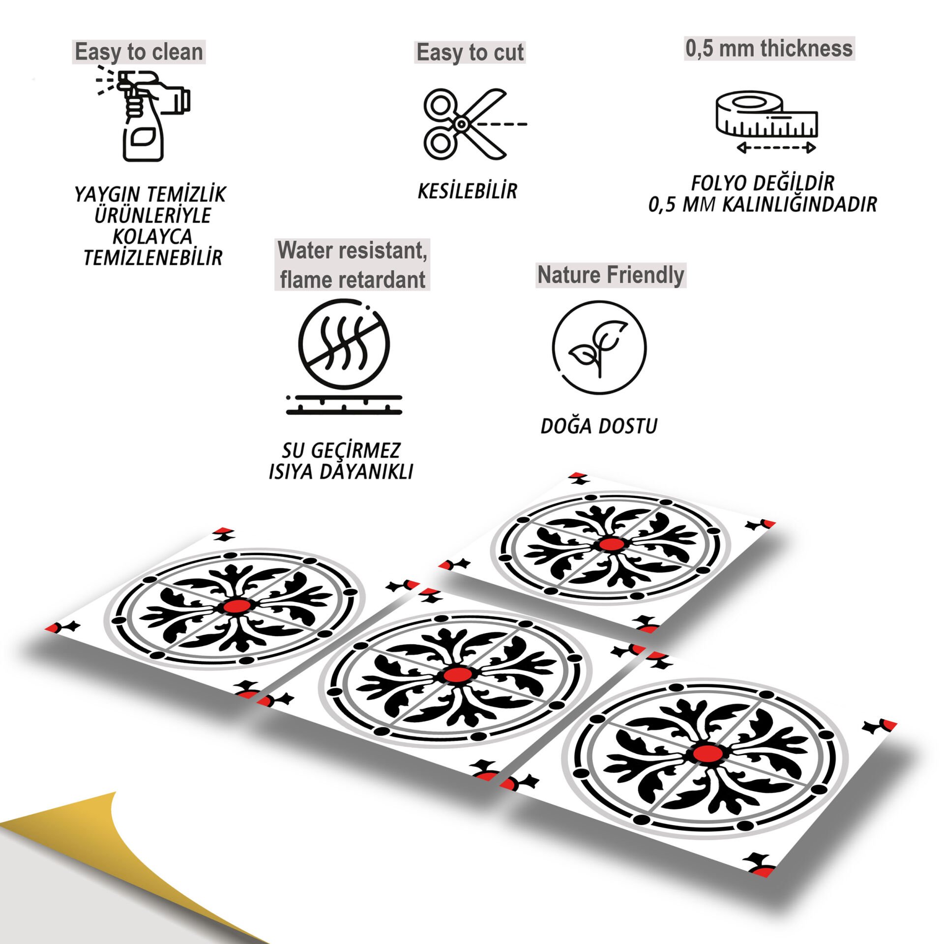 Tink Kendinden Yapışkanlı Fayans Kaplama Pvc Yer Döşemesi Kırmızılı Yuvarlak Solo Desenli 30x30 cm