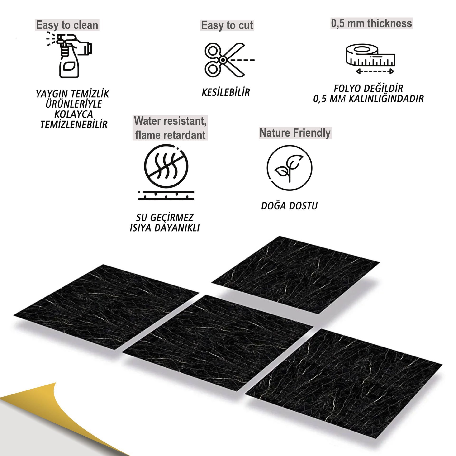 Tink Kendinden Yapışkanlı Siyah Mermer Desenli Pvc Karo30x30 cm