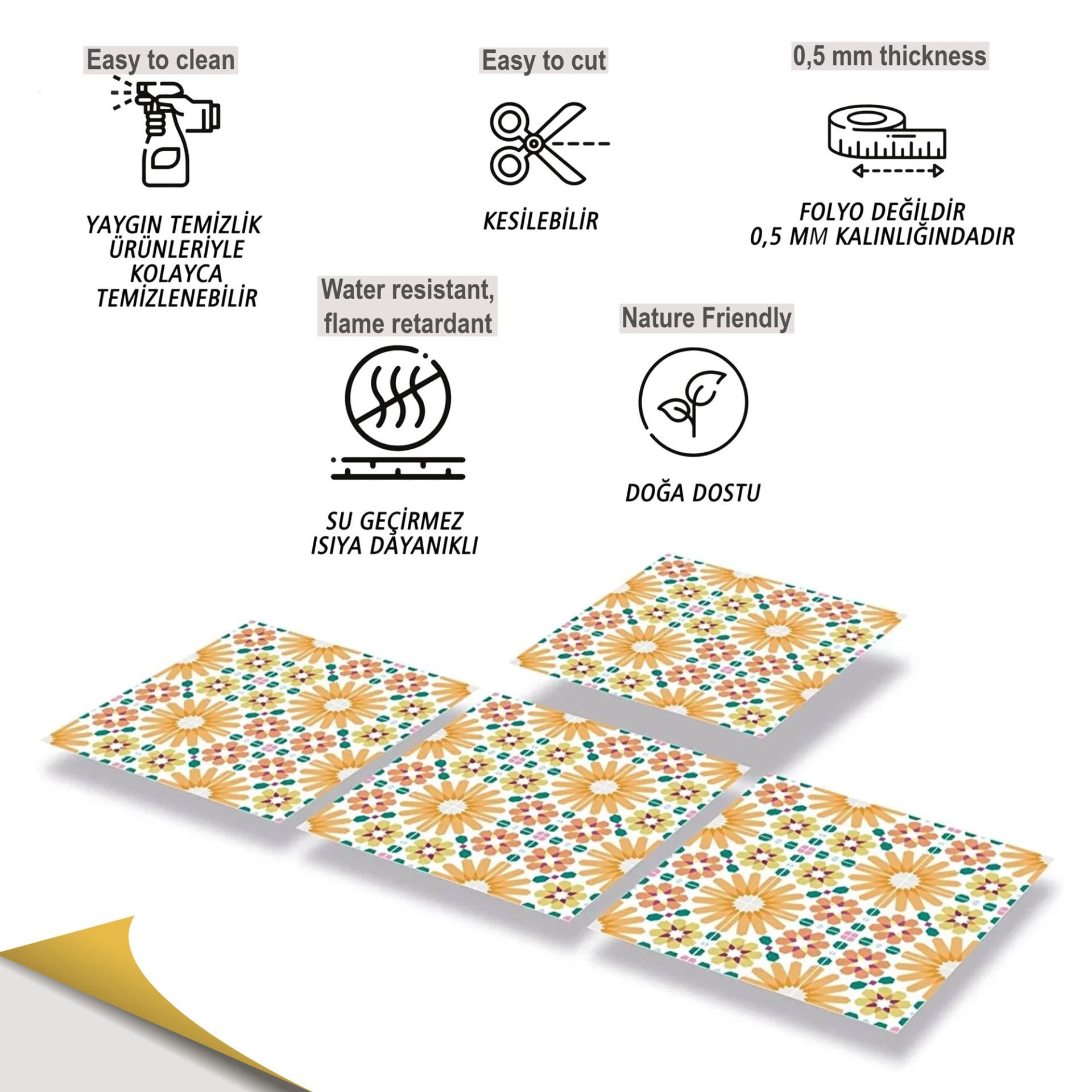 Tink Kendinden Yapışkanlı Turuncu Çiçek Bahçesi 30x30 cm Pvc Yer Duvar Karosu