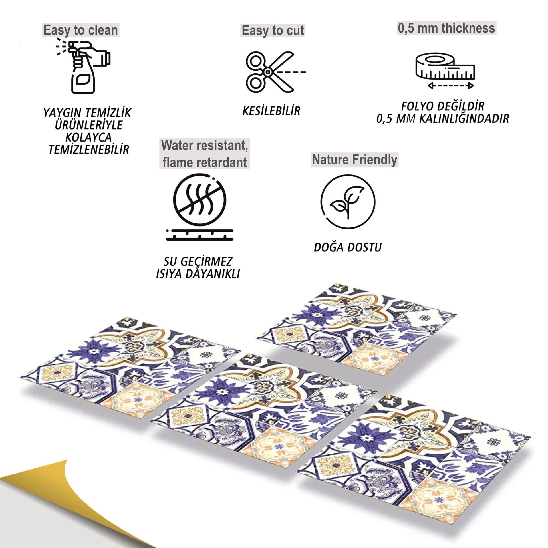 Tink Kendinden Yapışkanlı Karma Mavi Çini Desenli 30x30 cm Pvc Yer Duvar Döşemesi