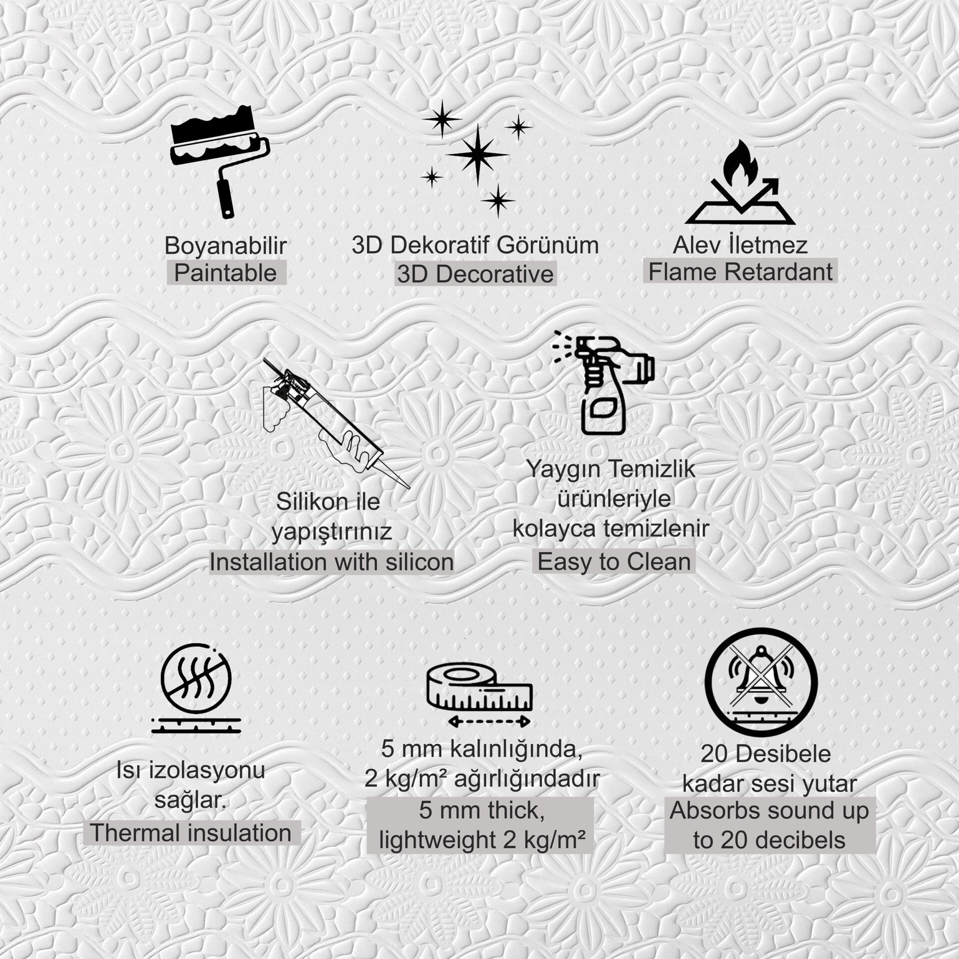 Tink 3D Duvar Paneli Boyanabilir Dekota 60x120 cm Çiçek Bahçesi Desenli