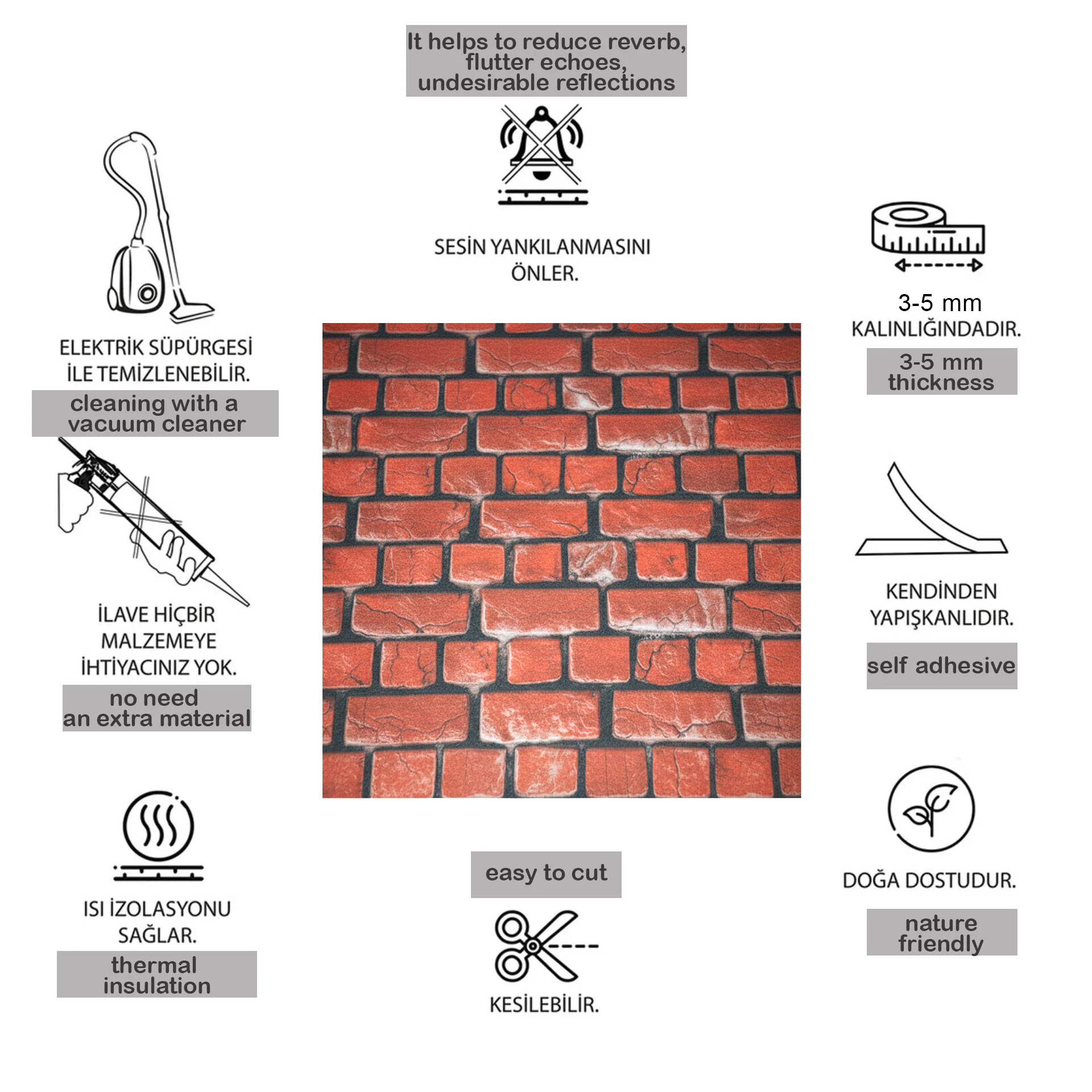 Tink Kendinden Yapışkanlı Keçe Duvar Kağıdı Kırmızı Tuğla Desenli 48x280 cm
