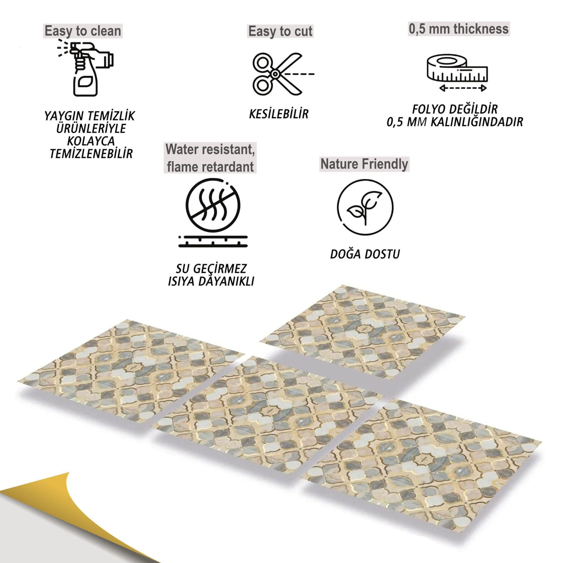 Tink Kendinden Yapışkanlı Pvc Gold Çiçek 30x30 cm Kaplama 1 m2 (11 Adet)