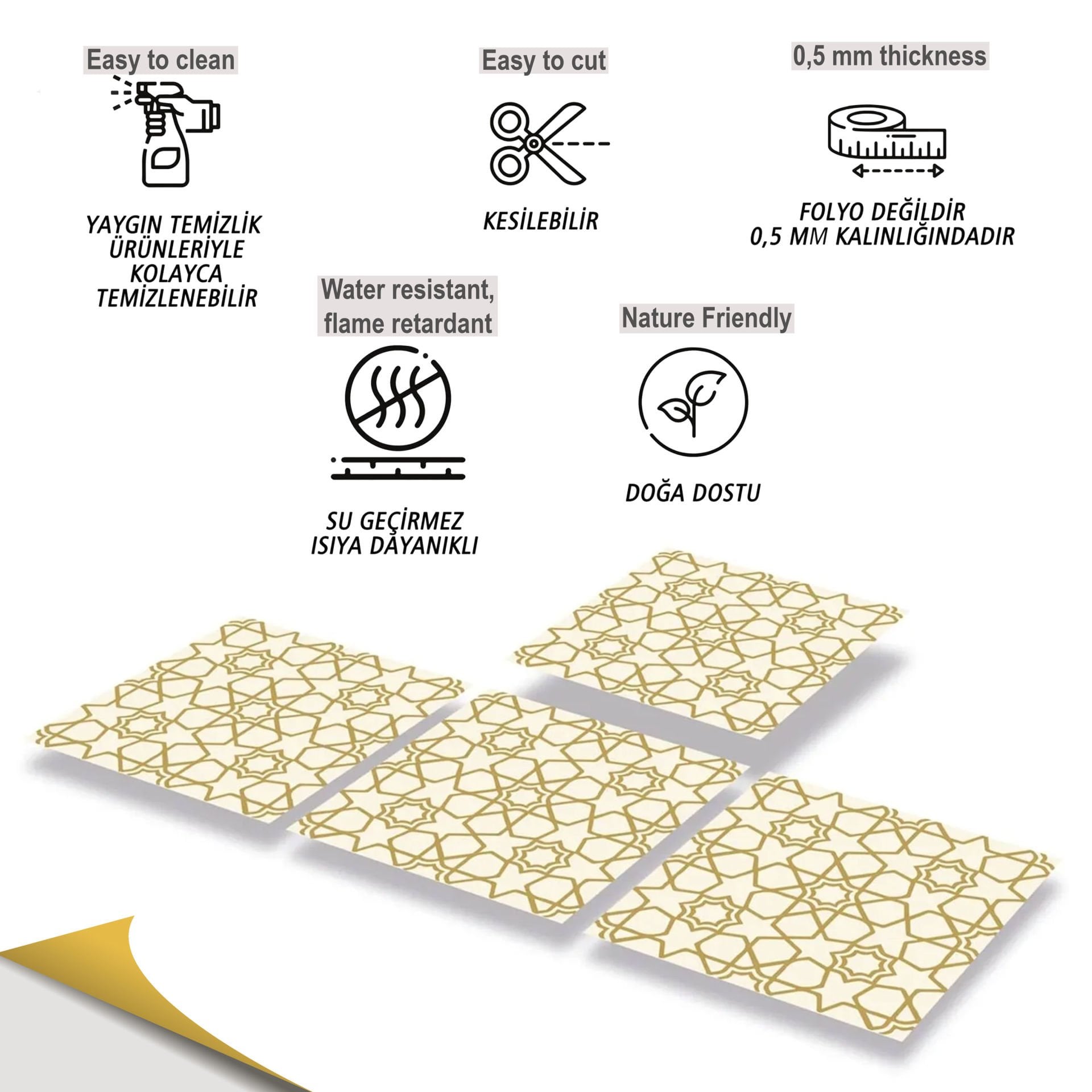 Tink Kendinden Yapışkanlı Pvc Altın Selçuklu Yıldızı 30x30 cm Kaplama 1 m2 (11 Adet)