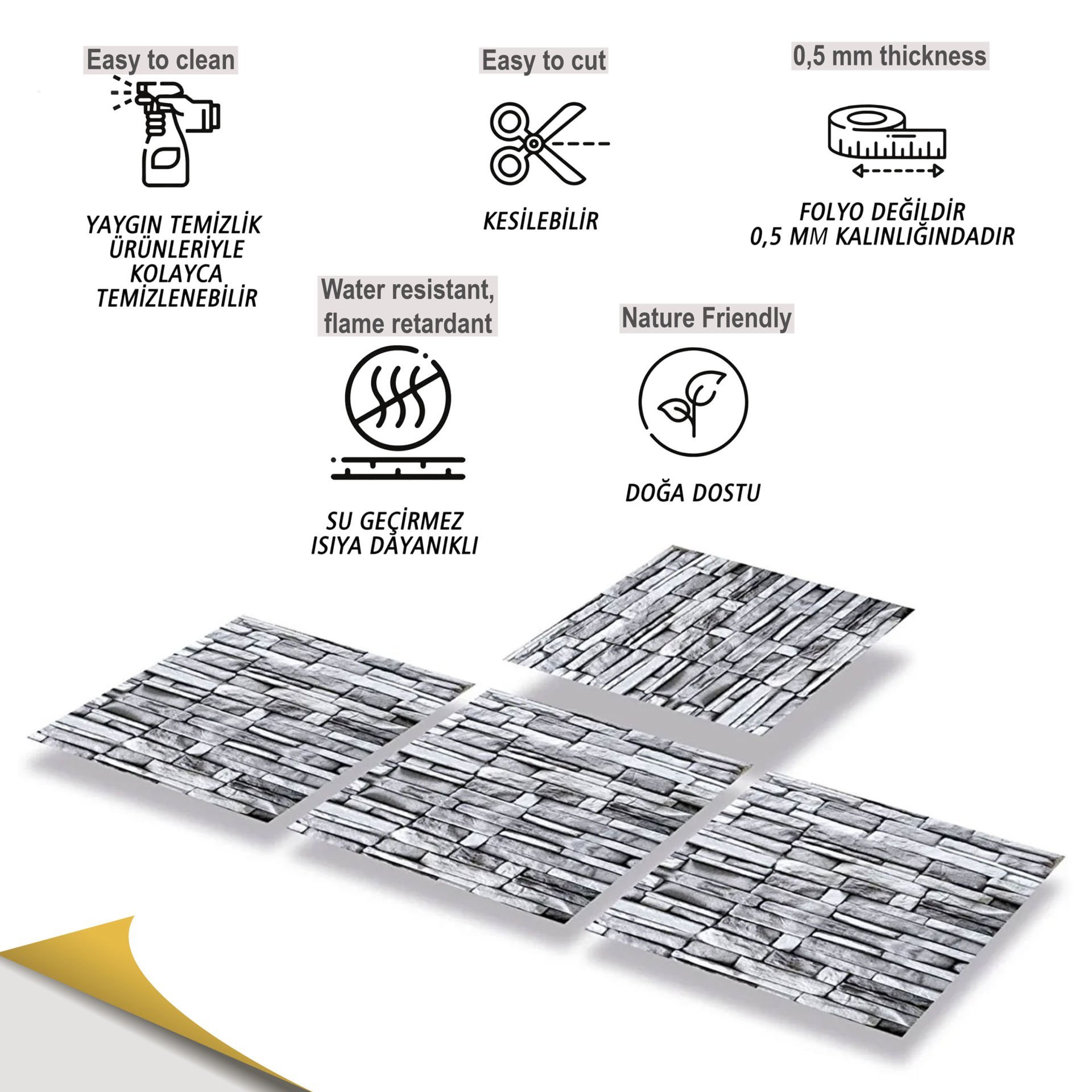 Tink Kendinden Yapışkanlı Pvc Gri Taş 30x30 cm Kaplama