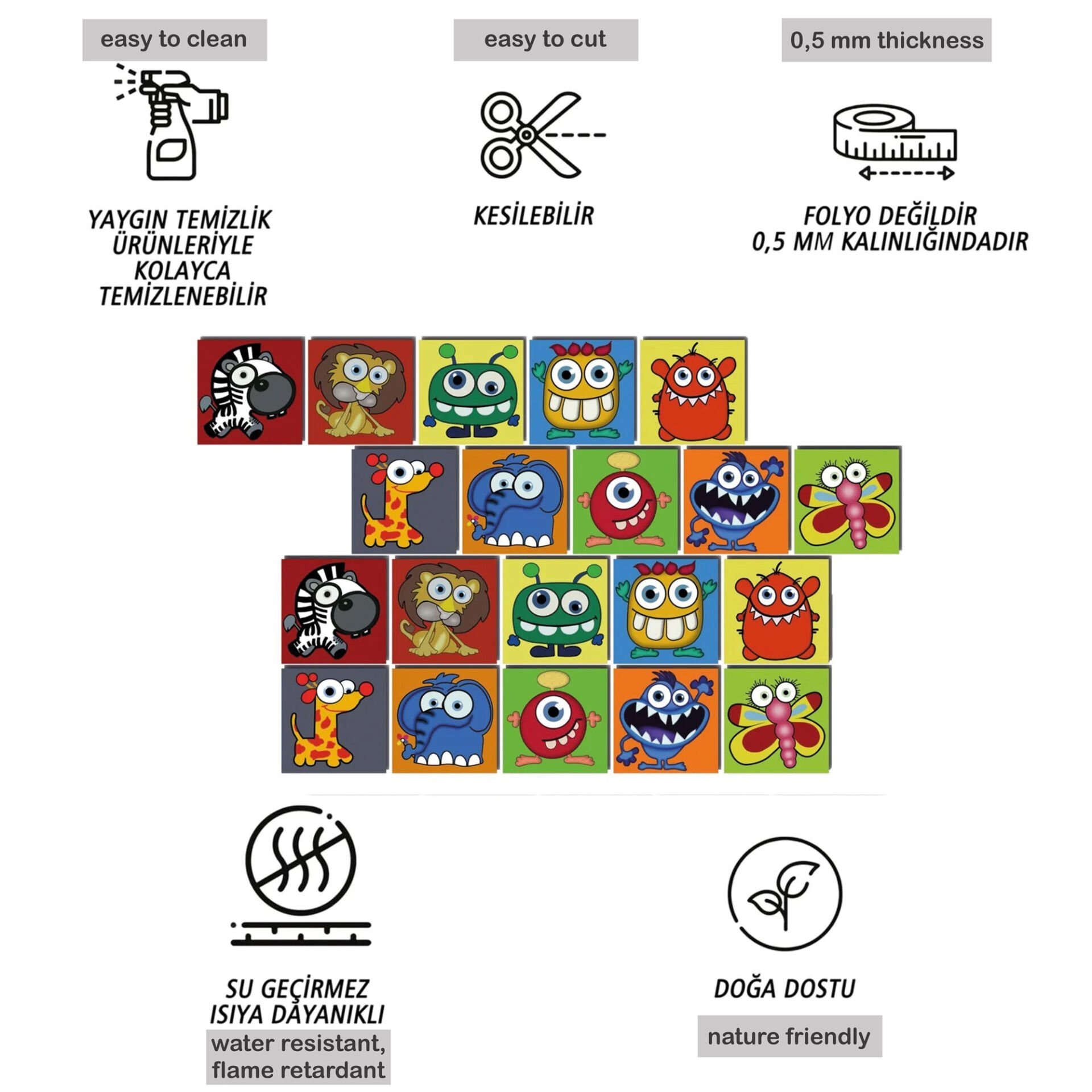 Tink Kendinden Yapışkanlı Çocuk Desenli Dekoratif Mini Pvc Karo Kaplama