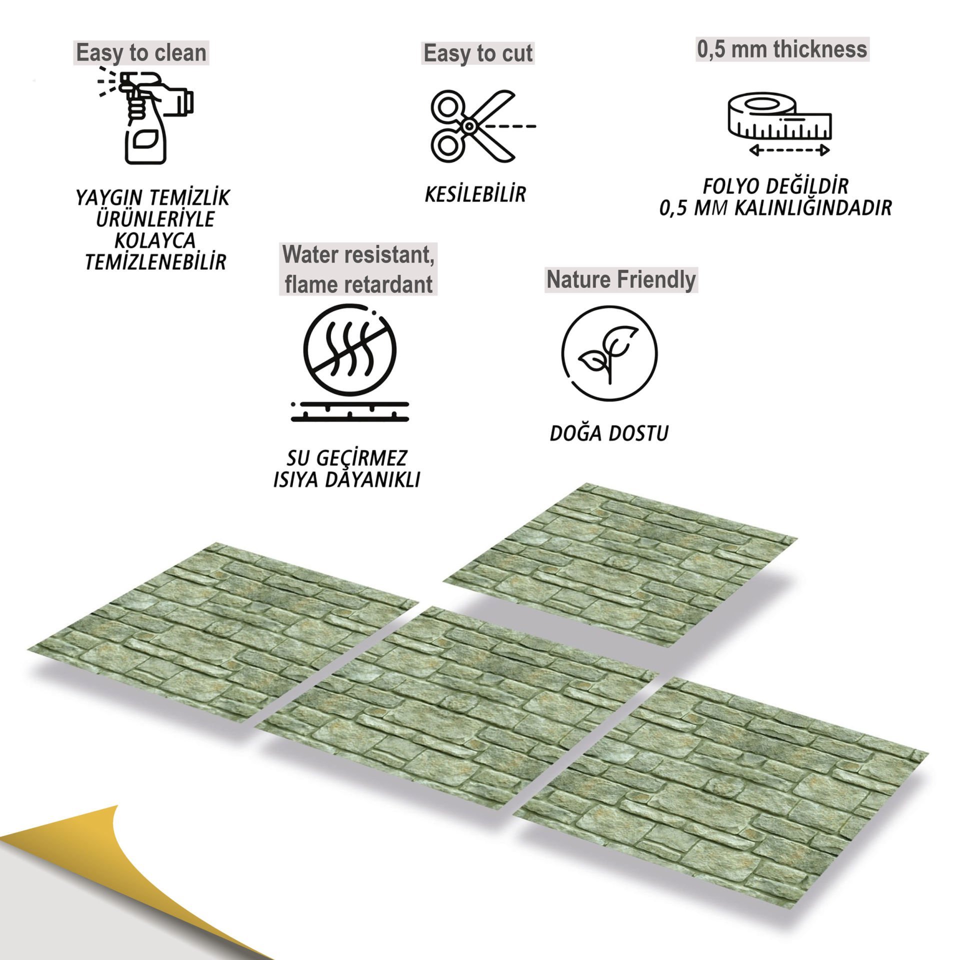 Tink Kendinden Yapışkanlı Pvc Yeşil Taş 30x30 cm Kaplama