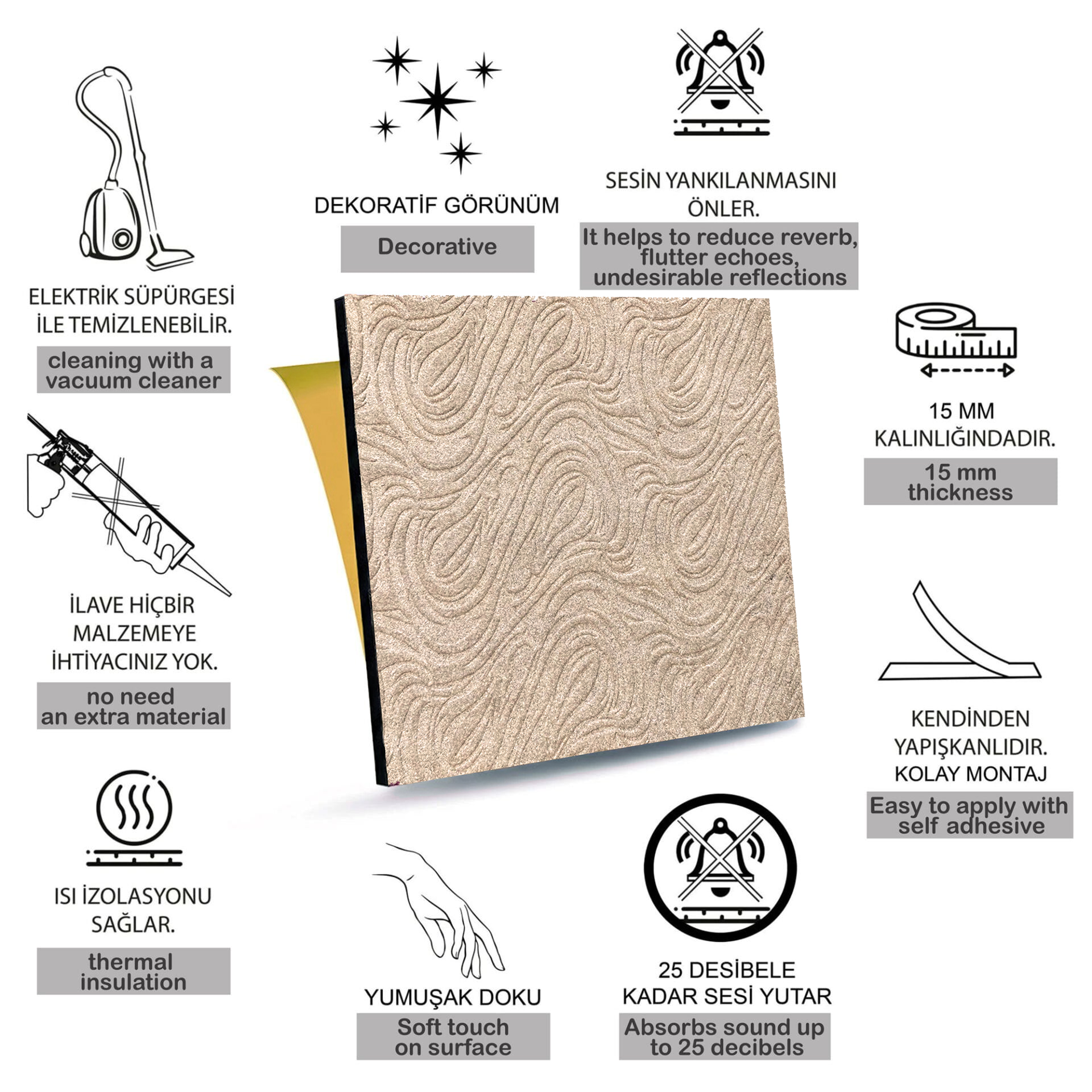 Tink Kendinden Yapışkanlı Keçe Akustik Ses ve Isı Yalıtım Paneli Devetüyü Dalgalı Desenli 48x48 cm