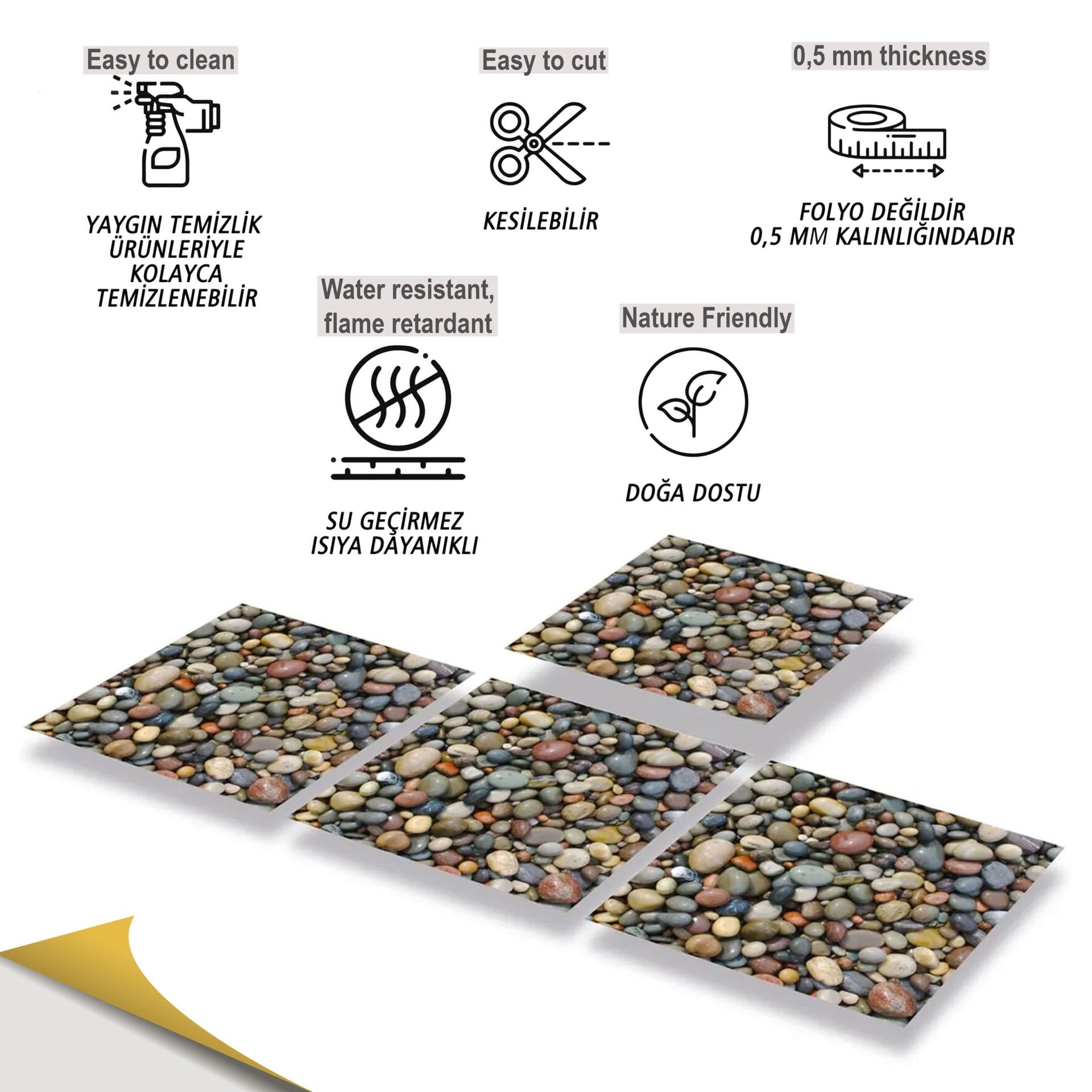 Tink Kendinden Yapışkanlı Çakıl Taşı 30x30 cm Pvc Kaplama 1 m2 (11 Adet)