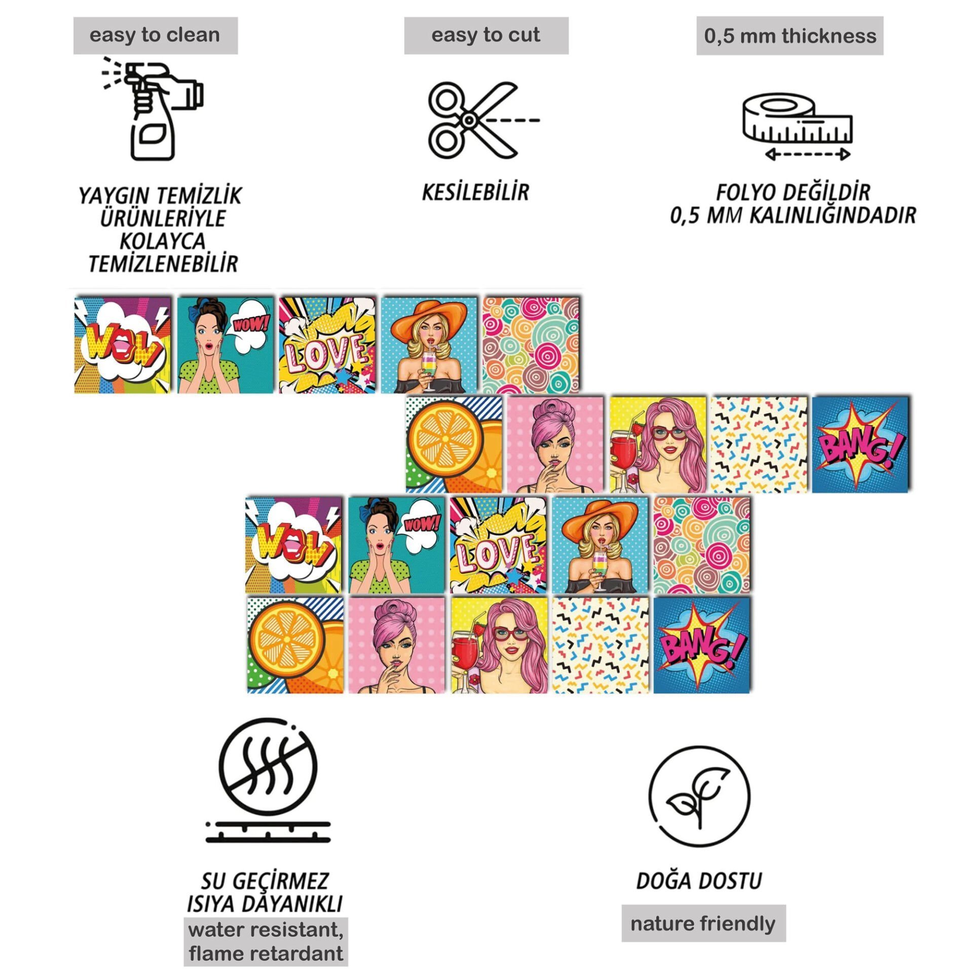 Tink Kendinden Yapışkanlı Karma Pop Art Dekoratif Mini Pvc Karo Kaplama