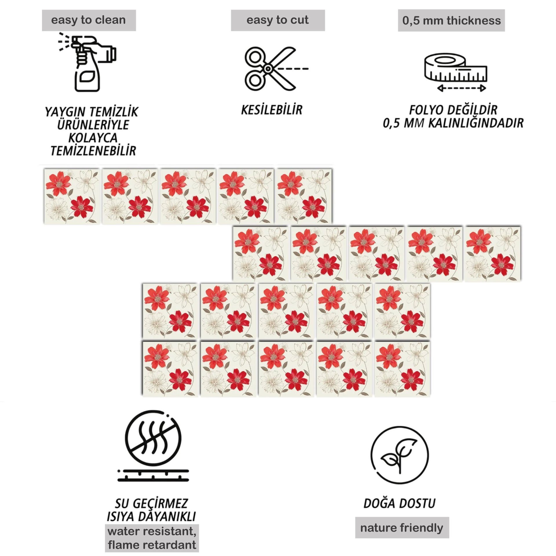 Tink Kendinden Yapışkanlı Kırmızı Çiçek Dekoratif Mini Pvc Karo Kaplama