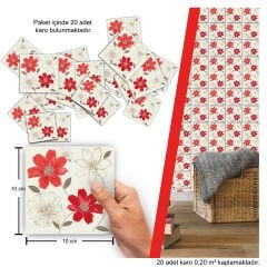 Tink Kendinden Yapışkanlı Kırmızı Çiçek Dekoratif Mini Pvc Karo Kaplama 10x10 CM 20'Lİ PAKET
