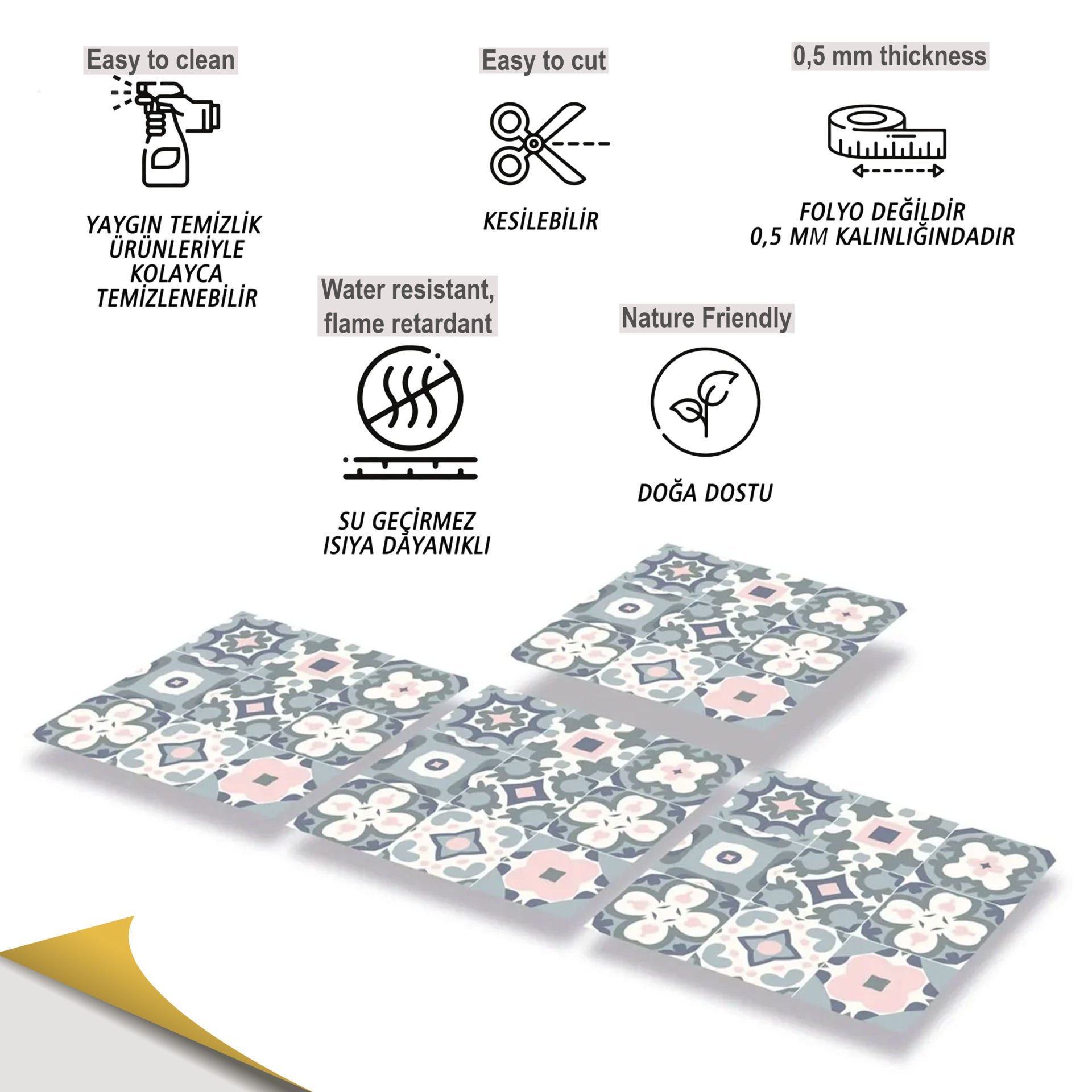 Tink Kendinden Yapışkanlı Yeşil-Pembe Desenli 30x30 cm Pvc Yer Duvar Döşemesi