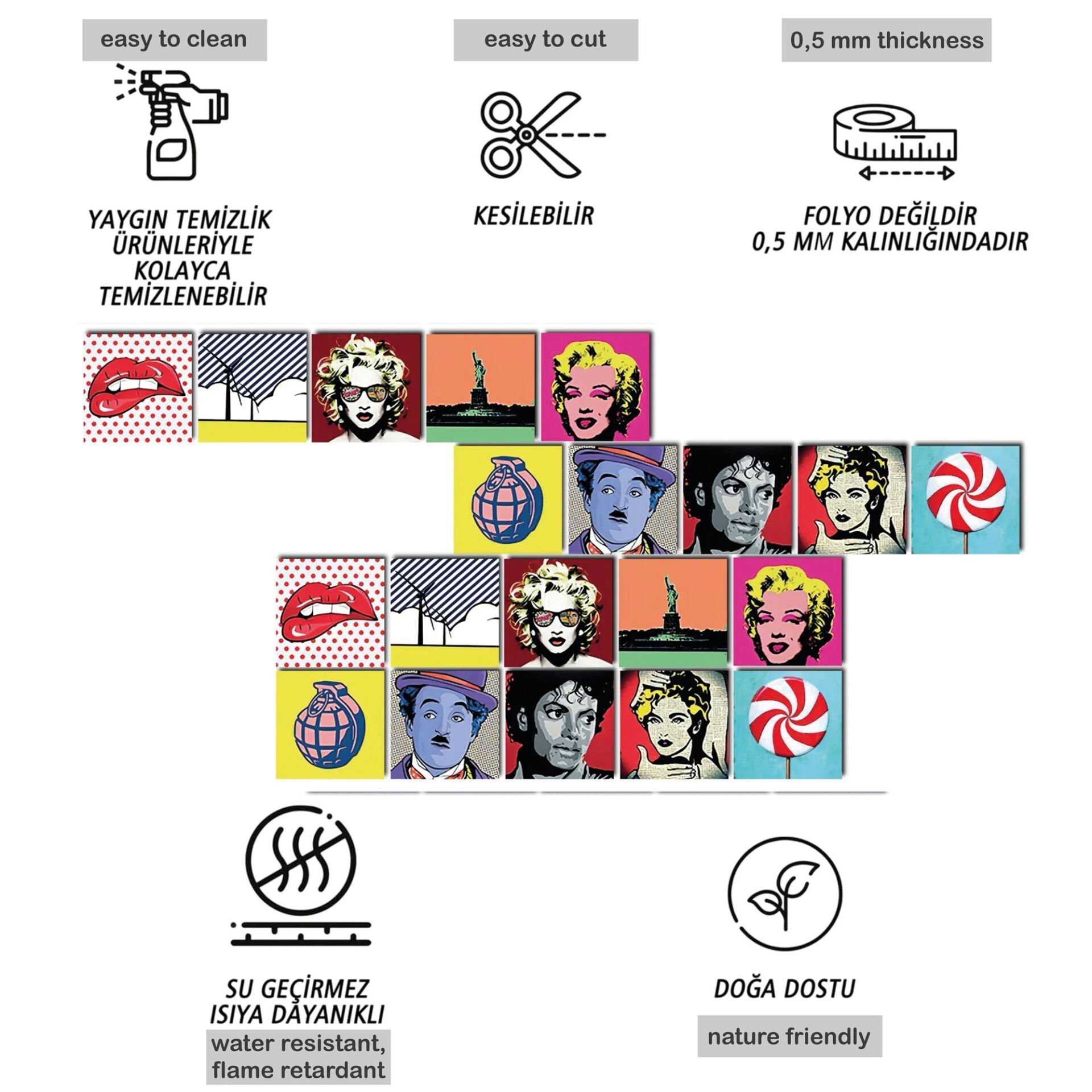 Tink Kendinden Yapışkanlı Pop Art 2 Dekoratif Mini Pvc Karo Kaplama