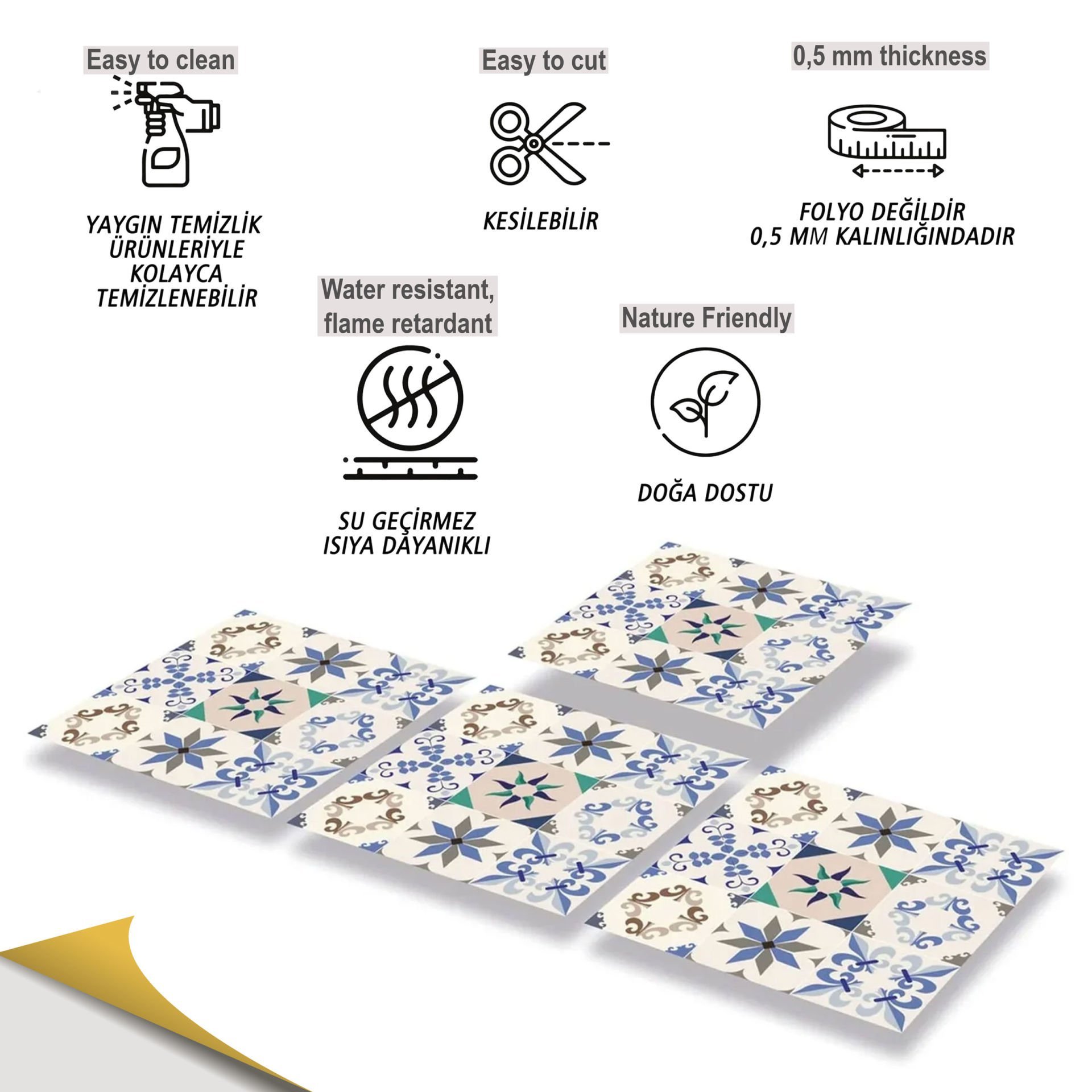 Tink Kendinden Yapışkanlı Mavi Yıldız 9'lu Desenli 30x30 cm Pvc Zemin Duvar Kaplama