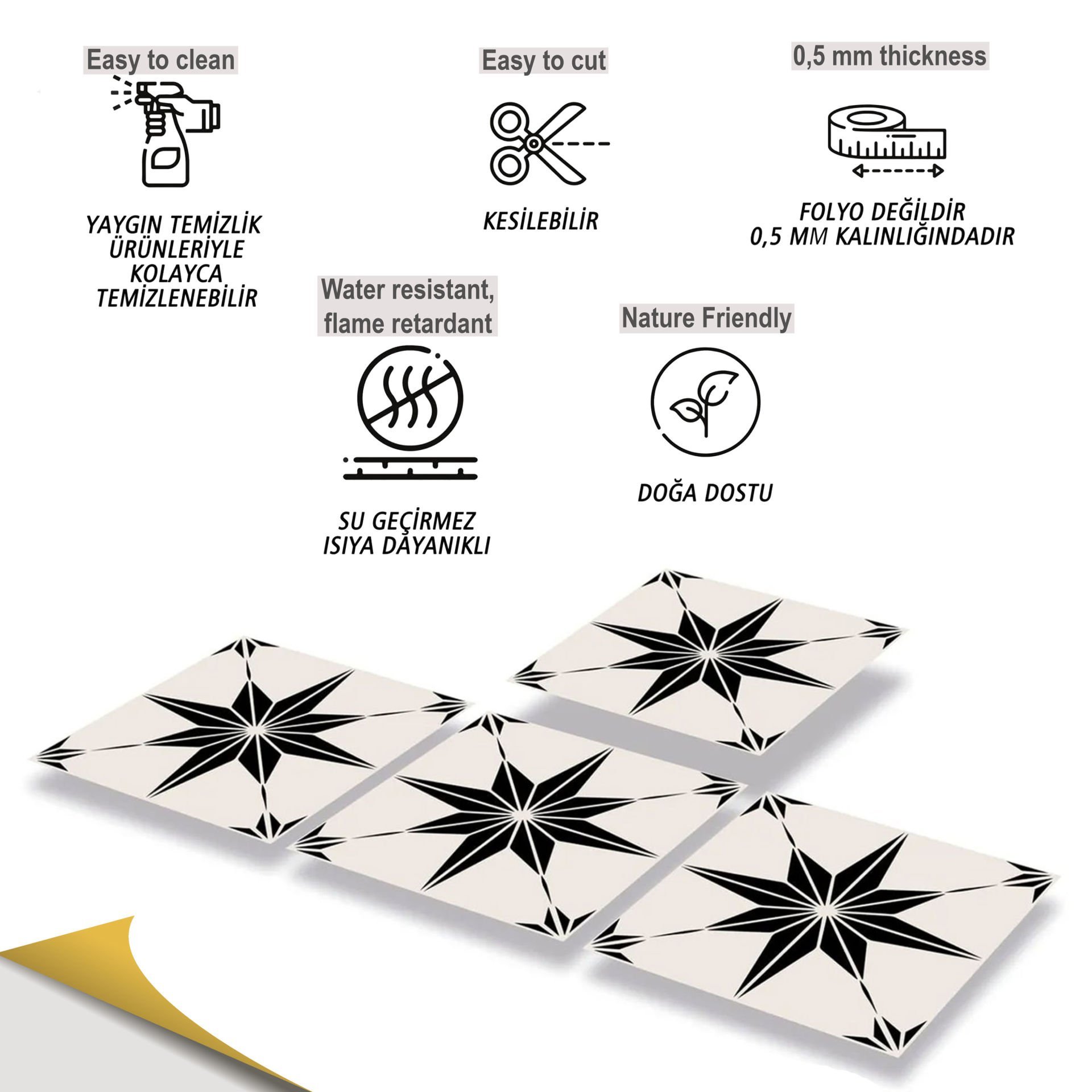 Tink Kendinden Yapışkanlı Siyah Yıldızlı Yer Karosu Desenli 30x30 cm Zemin Duvar Kaplama