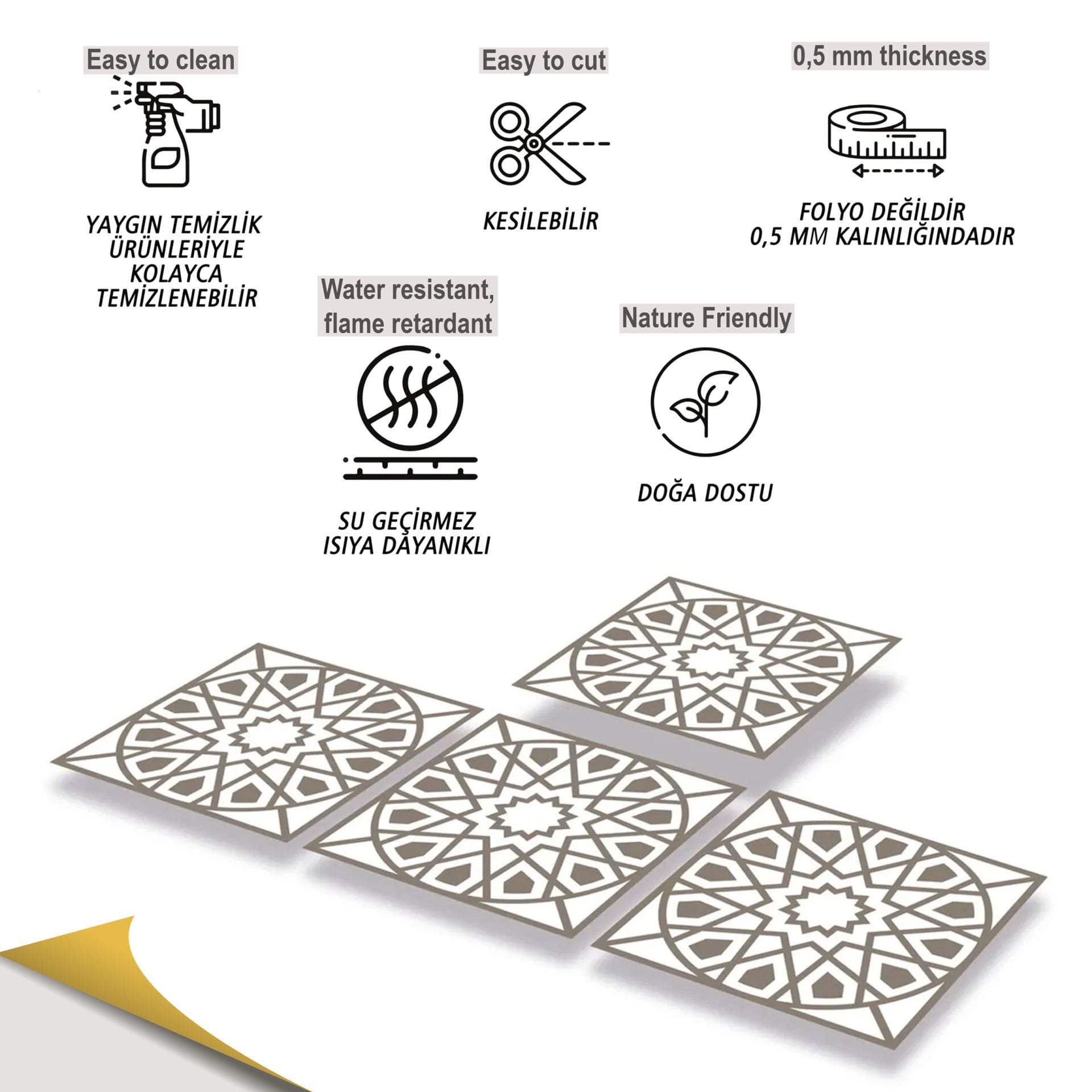 Tink Kendinden Yapışkanlı Selçuklu Geometrik Desenli 30x30 cm Pvc Seramik Fayans Kaplama