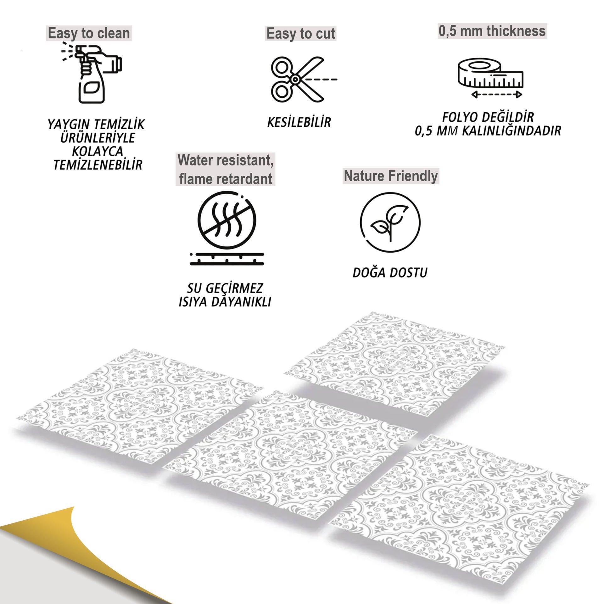Tink Kendinden Yapışkanlı Gri Motifli Desenli 30x30 cm Pvc Seramik Fayans Kaplama 1 m2 (11 Adet)